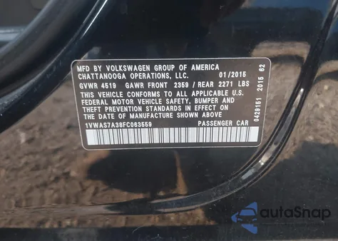 2015 Volkswagen Passat 1.8T S из США, поврежденный, VIN 1VWAS7A38FC063559